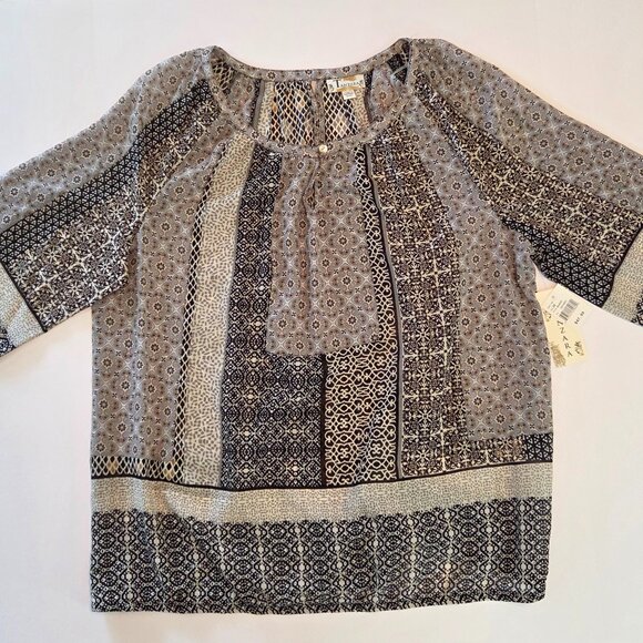 NWT - Tanzara Boho Patchwork Blouse, Women’s 2X, Black/Taupe/Soft Blue/Cream - Picture 1 of 12